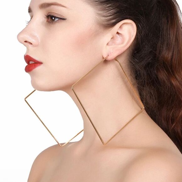 Gold Exaggerated Large Square Hoop Earrings 4” inch Each side Oversized Hoop - Picture 1 of 2